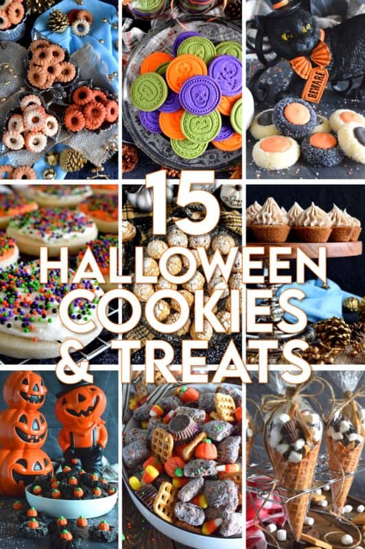This collection of 15 Halloween Cookies and Treats has something for everyone! Whether you are a die-hard Halloween fan or just someone who really loves fall, pumpkins, and delicious food, there is bound to be a fun and festive sweet treat in the collection that you will love sinking your teeth into! #halloween #recipes #pumpkinspice #trickortreat #cookies