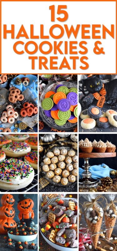 This collection of 15 Halloween Cookies and Treats has something for everyone! Whether you are a die-hard Halloween fan or just someone who really loves fall, pumpkins, and delicious food, there is bound to be a fun and festive sweet treat in the collection that you will love sinking your teeth into! #halloween #recipes #pumpkinspice #trickortreat #cookies