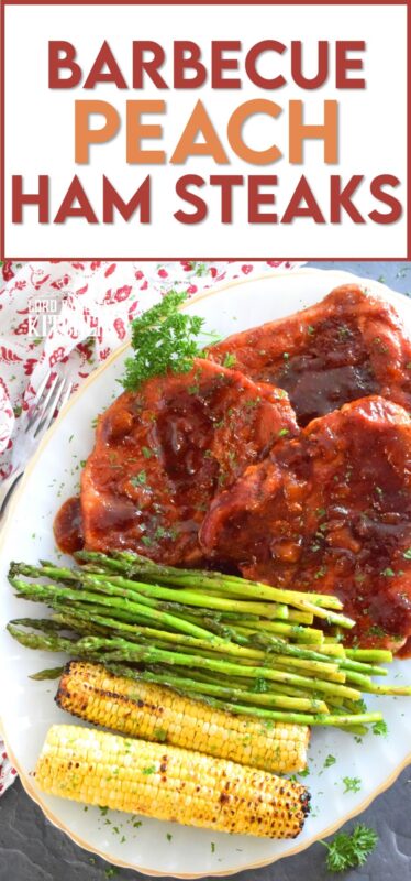 The combination of a sweet and smoky barbecue sauce with jarred peach preserves is the perfect addition to accompany these oven-baked ham steaks. Add some garlic, onion, and a little ground black pepper to round out the flavours and you've got a very delicious family-style recipe for tonight's dinner! #ham #hamsteak #peach #bbq #bakedham