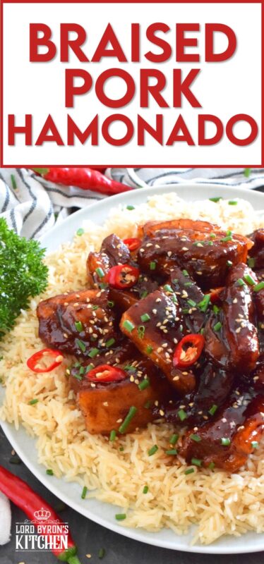 Prepared in a braising liquid consisting of brown sugar, pineapple juice, dried chilies, and soy sauce, Filipino-inspired Braised Pork Hamonado is the most satisfying and tasty pork dish. It is sweet, savoury, salty, and spicy, which is everything one could ever want in a pork belly recipe! #porkbelly #hamonado #asian #filipino #pork #braised
