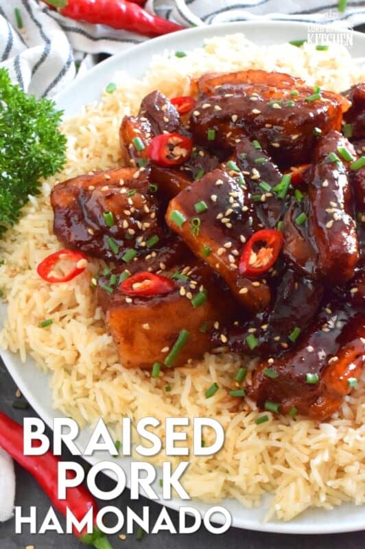 Prepared in a braising liquid consisting of brown sugar, pineapple juice, dried chilies, and soy sauce, Filipino-inspired Braised Pork Hamonado is the most satisfying and tasty pork dish. It is sweet, savoury, salty, and spicy, which is everything one could ever want in a pork belly recipe! #porkbelly #hamonado #asian #filipino #pork #braised