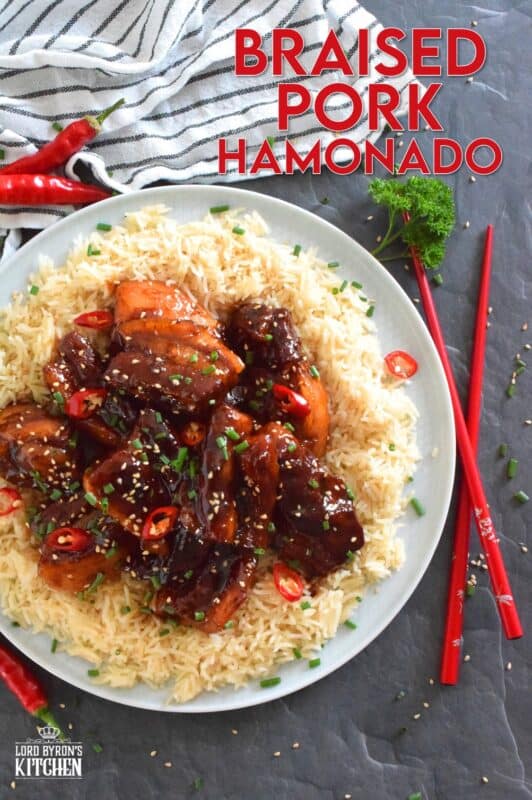 Prepared in a braising liquid consisting of brown sugar, pineapple juice, dried chilies, and soy sauce, Filipino-inspired Braised Pork Hamonado is the most satisfying and tasty pork dish. It is sweet, savoury, salty, and spicy, which is everything one could ever want in a pork belly recipe! #porkbelly #hamonado #asian #filipino #pork #braised