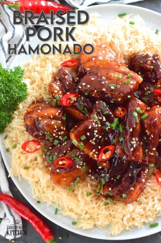 Prepared in a braising liquid consisting of brown sugar, pineapple juice, dried chilies, and soy sauce, Filipino-inspired Braised Pork Hamonado is the most satisfying and tasty pork dish. It is sweet, savoury, salty, and spicy, which is everything one could ever want in a pork belly recipe! #porkbelly #hamonado #asian #filipino #pork #braised