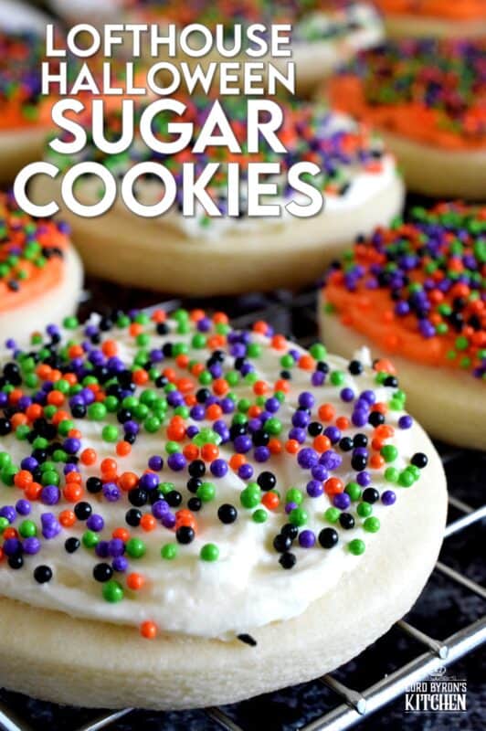 Copycat Lofthouse Halloween Sugar Cookies, a popular grocery store and bakery cookie confection in a homemade version, proving that homemade is always better! The next time you’re in line at the grocery store, look away from the store-bought ones, knowing full well that you can make them better yourself! #lofthouse #cookies #copycat #halloween #sugarcookies #sprinkles