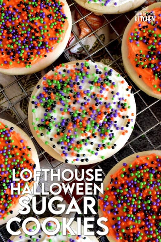Copycat Lofthouse Halloween Sugar Cookies, a popular grocery store and bakery cookie confection in a homemade version, proving that homemade is always better! The next time you’re in line at the grocery store, look away from the store-bought ones, knowing full well that you can make them better yourself! #lofthouse #cookies #copycat #halloween #sugarcookies #sprinkles