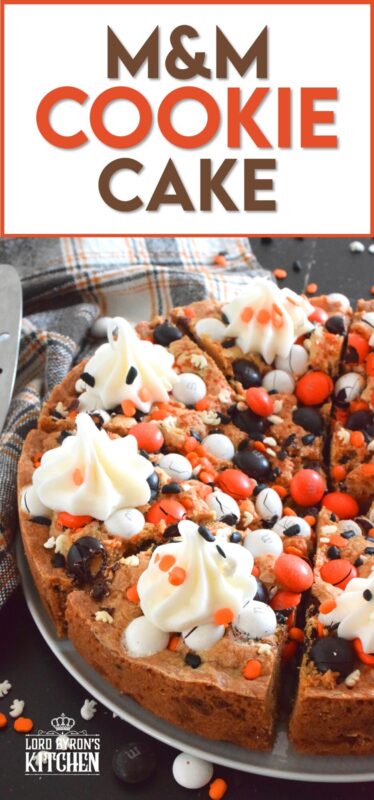 One giant cookie that eats like a cake, this M&M Cookie Cake is perfect when served with a dollop of frosting on each slice. Loaded with candy-coated chocolate and autumn sprinkles, this cake is a fun dessert the whole family will love! #M&M #halloween #cookie #cake #chocolate
