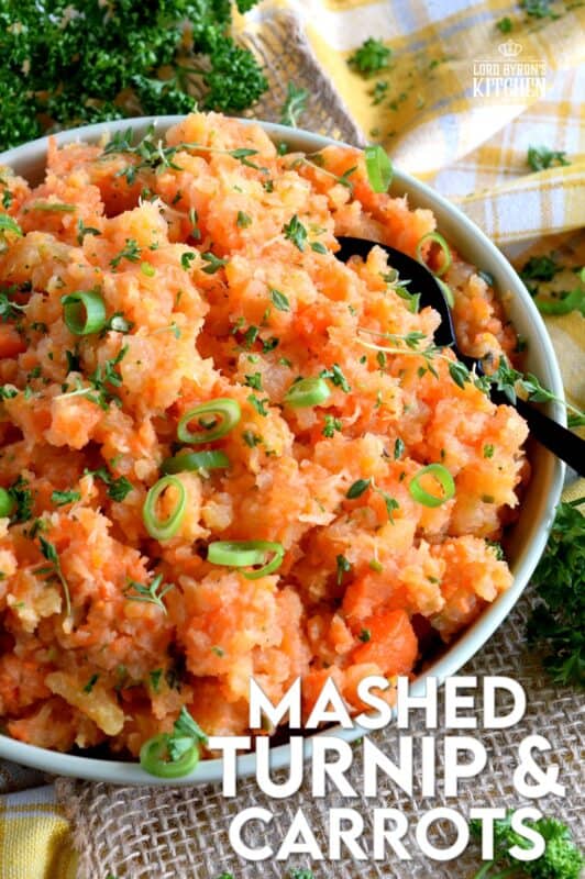 Nothing compares to the rustic simplicity of Mashed Turnip and Carrots with Herb Butter. Comforting and wholesome, it will add a pop of colour and flavour to any autumn dinner. Serve this side at Thanksgiving - it's delicious with gravy too! #mashed #turnip #carrot #vegetable #sidedish