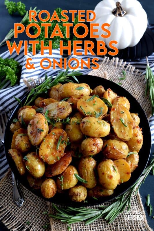 The most humble of all vegetables is absolute perfection in this Roasted Potatoes with Herbs and Crunchy Onions recipe. They're soft and fluffy on the inside with a golden exterior, and paired with simple seasonings and onions. Potatoes never tasted this good before! #potatoes #roasted #thanksgiving #sidedish #vegetarian