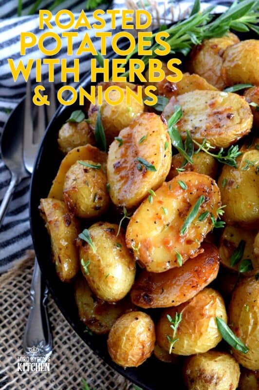 The most humble of all vegetables is absolute perfection in this Roasted Potatoes with Herbs and Crunchy Onions recipe. They're soft and fluffy on the inside with a golden exterior, and paired with simple seasonings and onions. Potatoes never tasted this good before! #potatoes #roasted #thanksgiving #sidedish #vegetarian