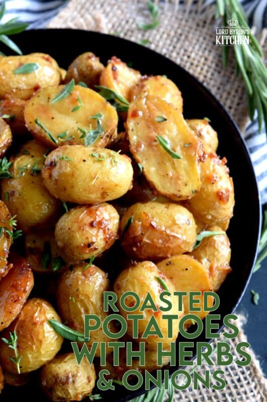 The most humble of all vegetables is absolute perfection in this Roasted Potatoes with Herbs and Crunchy Onions recipe. They're soft and fluffy on the inside with a golden exterior, and paired with simple seasonings and onions. Potatoes never tasted this good before! #potatoes #roasted #thanksgiving #sidedish #vegetarian