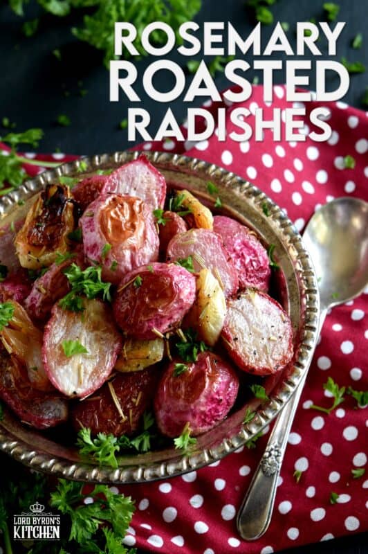 If you've never had a roasted radish, you're in for a treat! Rosemary Roasted Radishes are mellow in flavour, gorgeous in colour, easy to make, and low in carbs. Healthy, delicious, and cheap; this side dish is sure to please and surprise! #roastedvegetables #radishes #roastedradishes #rootvegetables #sidedishes #thanksgiving