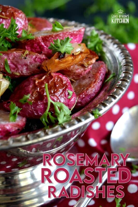 If you've never had a roasted radish, you're in for a treat! Rosemary Roasted Radishes are mellow in flavour, gorgeous in colour, easy to make, and low in carbs. Healthy, delicious, and cheap; this side dish is sure to please and surprise! #roastedvegetables #radishes #roastedradishes #rootvegetables #sidedishes #thanksgiving