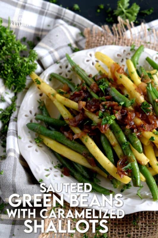 Beautifully and deliciously simple, Green Beans with Caramelized Shallots, is a fresh, light, and easy side dish alternative to the popular green bean casserole - no need for heavy creamed soup additives here! #greenbeans #sidedish #vegetables #thanksgiving #vegetarian