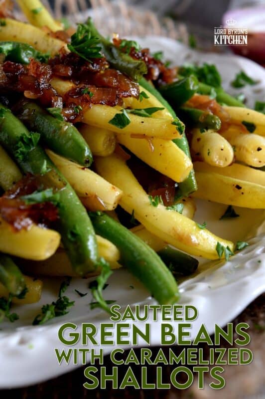 Beautifully and deliciously simple, Green Beans with Caramelized Shallots, is a fresh, light, and easy side dish alternative to the popular green bean casserole - no need for heavy creamed soup additives here! #greenbeans #sidedish #vegetables #thanksgiving #vegetarian