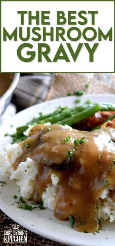 A good gravy is a must-have for the home chef. Vegetarian Mushroom Gravy is not only for vegetarians; it's thick and hearty, and loaded with mushrooms and herbs. Here's an easy meatless gravy that's the perfect condiment for any palate. #gravy #mushroom #mushroomgravy #vegetarian #vegetariangravy #thanksgiving