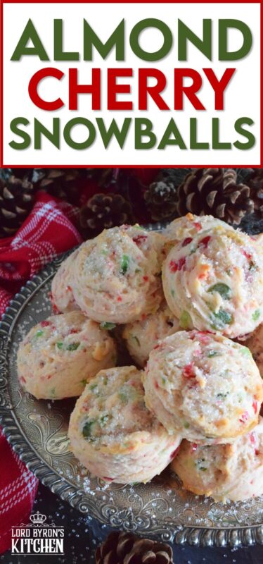 These light and fluffy Almond Cherry Snowballs are packed with both red and green candied cherries, which in our home, is the epitome of holiday baking. Prepared with the most basic of pantry ingredients, these cookies are nothing short of extraordinary, and they taste like an old fashioned Christmas at home! #snowballs #cookies #candied #cherries #almond #christmas #baking