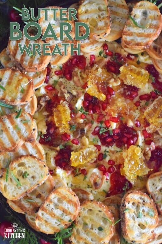 Just like charcuterie boards have become super popular, butter boards are about to become the next trending appetizer.  Serve grilled bread or crackers with a Butter Board Wreath to your guests this holiday season. With a Christmas-inspired flavour profile, everyone is going to love this fun and festive treat! #butter #board #butterboard #wreath #appetizer #christmas