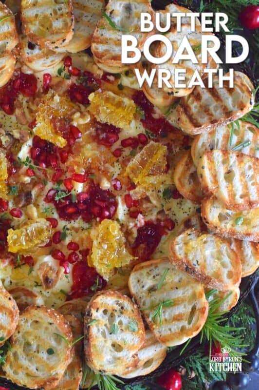 Just like charcuterie boards have become super popular, butter boards are about to become the next trending appetizer.  Serve grilled bread or crackers with a Butter Board Wreath to your guests this holiday season. With a Christmas-inspired flavour profile, everyone is going to love this fun and festive treat! #butter #board #butterboard #wreath #appetizer #christmas