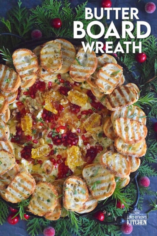 Just like charcuterie boards have become super popular, butter boards are about to become the next trending appetizer.  Serve grilled bread or crackers with a Butter Board Wreath to your guests this holiday season. With a Christmas-inspired flavour profile, everyone is going to love this fun and festive treat! #butter #board #butterboard #wreath #appetizer #christmas