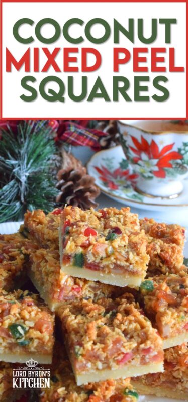 A quick and easy sweet treat which can be made almost entirely with items you already have in your pantry. Coconut Mixed Peel Squares have a simple shortbread-like base, and are topped with a sweet, chewy topping consisting of an Old English fruit cake mix. These squares are where fruitcake and shortbread marry to create the most delicious confection! #coconut #mixedpeel #fruitcake #christmas #holiday #baking