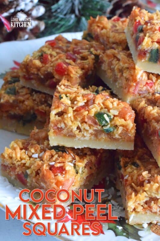 A quick and easy sweet treat which can be made almost entirely with items you already have in your pantry. Coconut Mixed Peel Squares have a simple shortbread-like base, and are topped with a sweet, chewy topping consisting of an Old English fruit cake mix. These squares are where fruitcake and shortbread marry to create the most delicious confection! #coconut #mixedpeel #fruitcake #christmas #holiday #baking