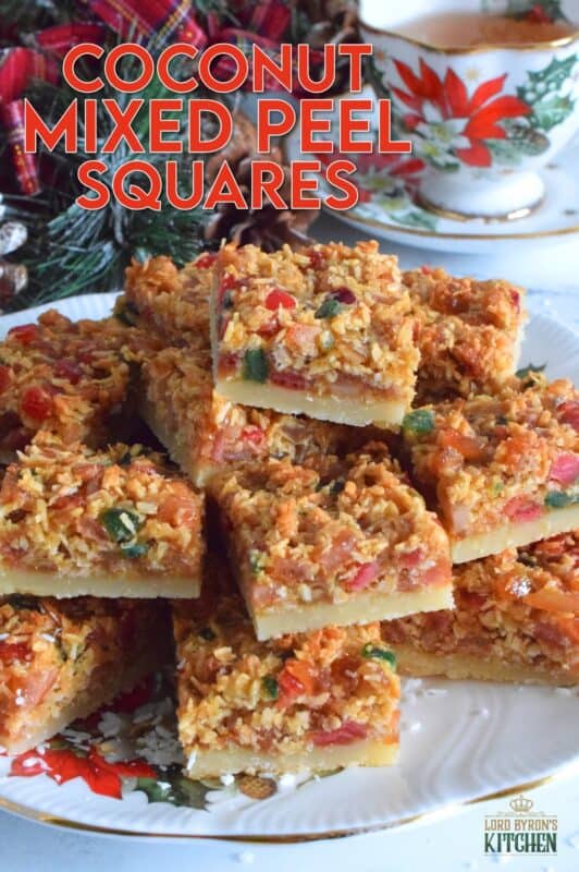 A quick and easy sweet treat which can be made almost entirely with items you already have in your pantry. Coconut Mixed Peel Squares have a simple shortbread-like base, and are topped with a sweet, chewy topping consisting of an Old English fruit cake mix. These squares are where fruitcake and shortbread marry to create the most delicious confection! #coconut #mixedpeel #fruitcake #christmas #holiday #baking