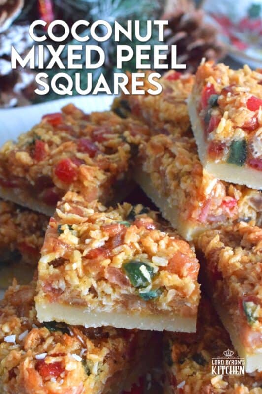 A quick and easy sweet treat which can be made almost entirely with items you already have in your pantry. Coconut Mixed Peel Squares have a simple shortbread-like base, and are topped with a sweet, chewy topping consisting of an Old English fruit cake mix. These squares are where fruitcake and shortbread marry to create the most delicious confection! #coconut #mixedpeel #fruitcake #christmas #holiday #baking
