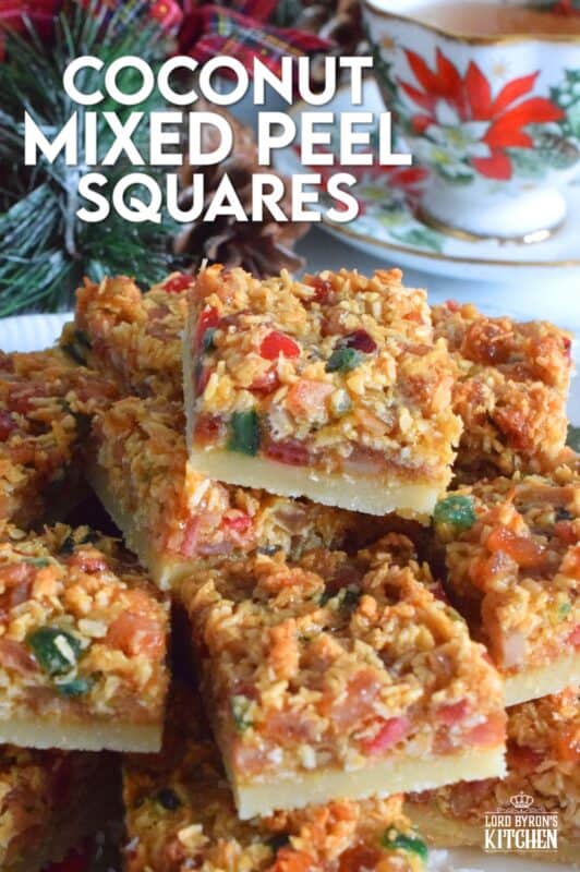 A quick and easy sweet treat which can be made almost entirely with items you already have in your pantry. Coconut Mixed Peel Squares have a simple shortbread-like base, and are topped with a sweet, chewy topping consisting of an Old English fruit cake mix. These squares are where fruitcake and shortbread marry to create the most delicious confection! #coconut #mixedpeel #fruitcake #christmas #holiday #baking