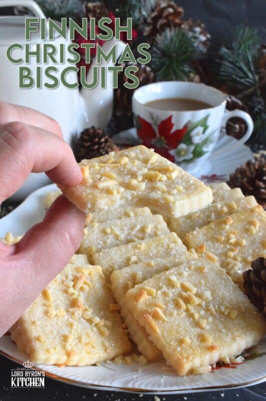 The saying goes that simple is best, and in the case of these Finnish Christmas Biscuits, no saying could ring more true! These light and airy biscuits are buttery and lightly sweetened. The chopped almonds on top add flavour, colour, and texture, which makes these biscuits irresistible, so maybe make a double batch! #cookies #biscuits #christmas #finnish #finland