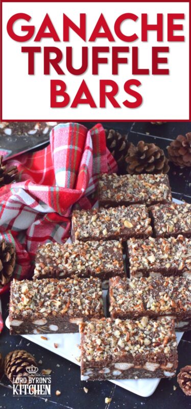 If you're looking for a holiday treat that is both super rich and decadent, Ganache Truffle Bars are just the answer! Marshmallows, toasted pecans, and coconut smothered in a chocolate truffle base is topped with a thick, creamy ganache and more pecans; this luscious and delectable treat is the ultimate Christmas dessert! #truffles #ganache #bars #squares #nuts #marshmallows