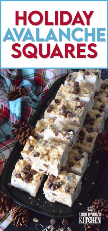 These no-bake treats are prepared with lots of white chocolate, creamy peanut butter, a few cups of rice cereal, and a good helping of marshmallows too. Holiday Avalanche Squares are absolutely delicious! The white chocolate is melted together with the peanut butter, and once cooled, the other ingredients are folded in to create these wonderfully high and cloudy-soft squares! #squares #bars #nobake #christmas #holiday #baking #cookies #chocolate