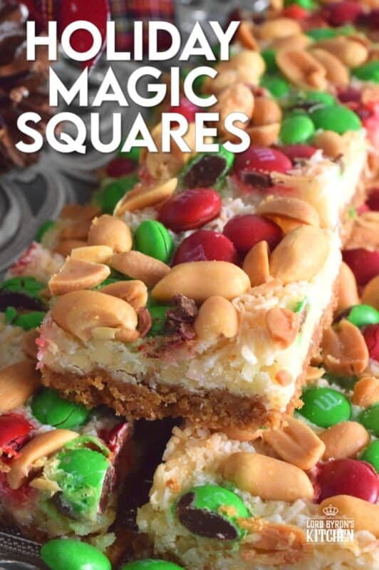 This multi-layered sweet treat is perfect for the holidays! Not only is it fast and easy, but it's also relatively inexpensive too! Prepared with white chocolate, salted peanuts, coconut, and M&Ms, these Holiday Magic Squares are gooey and messy, and absolutely worth it! #holiday #M&M #magicbars #squares #eaglebrand