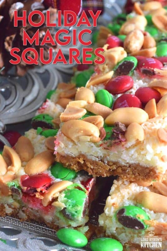 This multi-layered sweet treat is perfect for the holidays! Not only is it fast and easy, but it's also relatively inexpensive too! Prepared with white chocolate, salted peanuts, coconut, and M&Ms, these Holiday Magic Squares are gooey and messy, and absolutely worth it! #holiday #M&M #magicbars #squares #eaglebrand