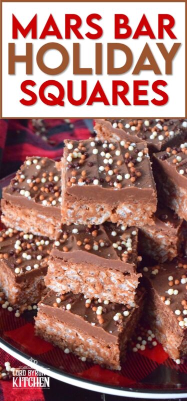 Melted Mars Bars, which consist of caramel, chocolate, and nougat are combined with butter, and rice krispies cereal in these Mars Bar Holiday Squares. Topped with melted milk chocolate and sprinkles, these squares are a no-bake confection that everyone just cannot get enough of! #christmas #holiday #nobake #marsbar #milkyway