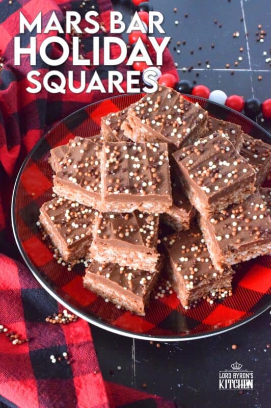 Melted Mars Bars, which consist of caramel, chocolate, and nougat are combined with butter, and rice krispies cereal in these Mars Bar Holiday Squares. Topped with melted milk chocolate and sprinkles, these squares are a no-bake confection that everyone just cannot get enough of! #christmas #holiday #nobake #marsbar #milkyway