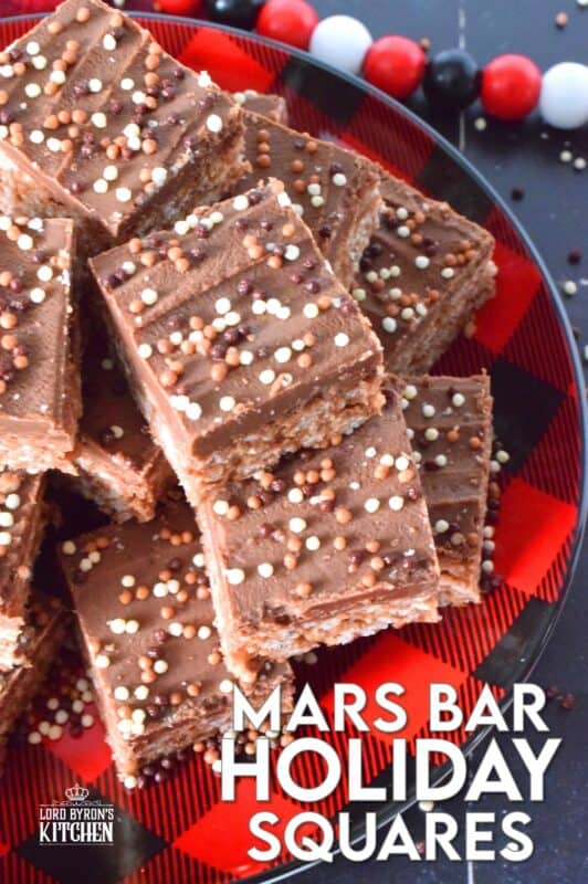 Melted Mars Bars, which consist of caramel, chocolate, and nougat are combined with butter, and rice krispies cereal in these Mars Bar Holiday Squares. Topped with melted milk chocolate and sprinkles, these squares are a no-bake confection that everyone just cannot get enough of! #christmas #holiday #nobake #marsbar #milkyway