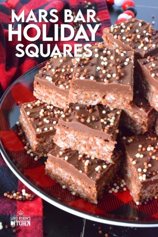 Melted Mars Bars, which consist of caramel, chocolate, and nougat are combined with butter, and rice krispies cereal in these Mars Bar Holiday Squares. Topped with melted milk chocolate and sprinkles, these squares are a no-bake confection that everyone just cannot get enough of! #christmas #holiday #nobake #marsbar #milkyway