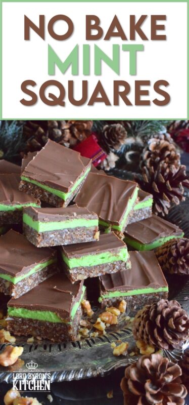 Triple-layered with wonderful flavours, these No Bake Mint Squares are perfectly festive for the holiday season.  With a coconut, walnut, and graham crumb base, and a creamy mint filling, these squares are topped with melted chocolate which makes them all the more rich and delicious.  You simply must add these to your Christmas cookie platter! #nanaimo #mint #peppermint #squares #bars #nobake