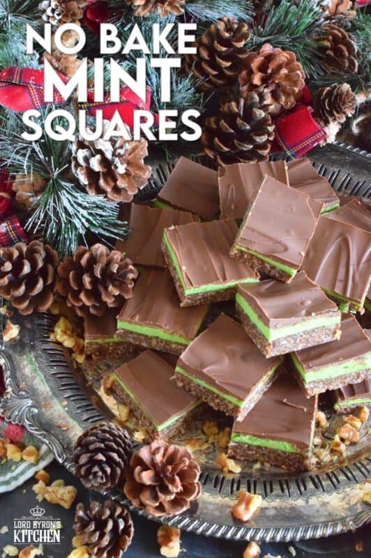 Triple-layered with wonderful flavours, these No Bake Mint Squares are perfectly festive for the holiday season.  With a coconut, walnut, and graham crumb base, and a creamy mint filling, these squares are topped with melted chocolate which makes them all the more rich and delicious.  You simply must add these to your Christmas cookie platter! #nanaimo #mint #peppermint #squares #bars #nobake