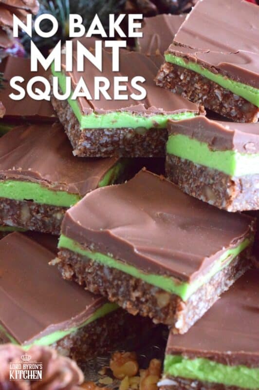 Triple-layered with wonderful flavours, these No Bake Mint Squares are perfectly festive for the holiday season.  With a coconut, walnut, and graham crumb base, and a creamy mint filling, these squares are topped with melted chocolate which makes them all the more rich and delicious.  You simply must add these to your Christmas cookie platter! #nanaimo #mint #peppermint #squares #bars #nobake