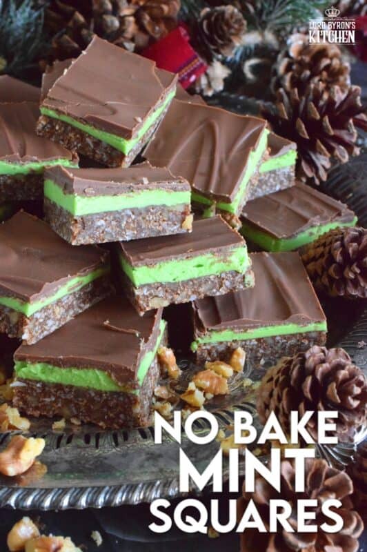 Triple-layered with wonderful flavours, these No Bake Mint Squares are perfectly festive for the holiday season.  With a coconut, walnut, and graham crumb base, and a creamy mint filling, these squares are topped with melted chocolate which makes them all the more rich and delicious.  You simply must add these to your Christmas cookie platter! #nanaimo #mint #peppermint #squares #bars #nobake