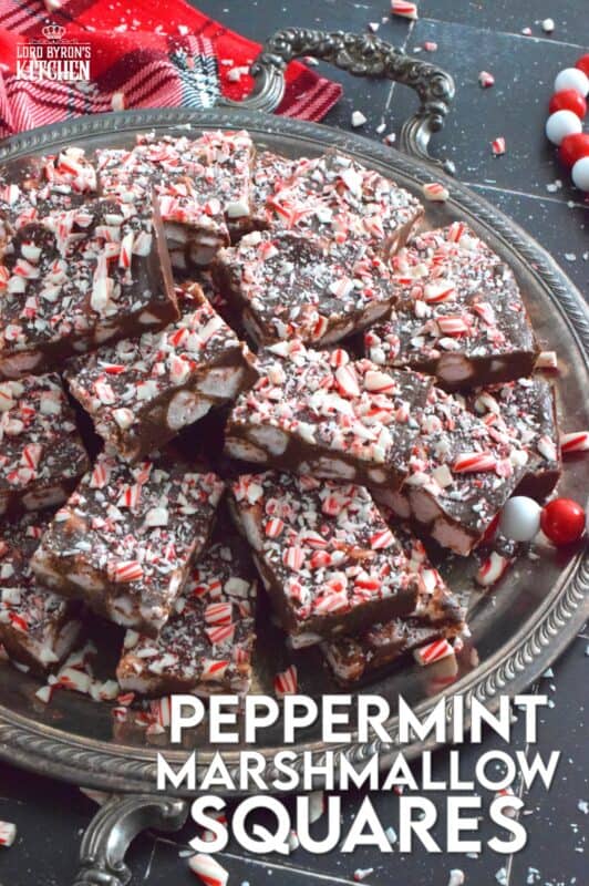 When it comes to no-bake Christmas recipes, you cannot go wrong with Peppermint Marshmallow Squares! They are loaded with chocolate and peppermint-flavoured marshmallows. Along with the peppermint extract and the crushed candy canes on top, these squares are perfect for the extreme peppermint lover! #peppermint #marshmallow #vegan #dandies #christmas #nobake