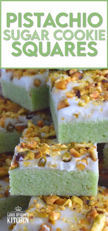 The uncomplicated and delicious sugar cookie gets a fresh, new flavour profile, and an upgrade in this Pistachio Sugar Cookie Squares recipe.  The classic sugar cookie base is pistachio flavoured and prepared with boxed pistachio pudding powder.  Topped with a layer of delicious buttercream frosting and sprinkled with roasted, salted chopped pistachios, this cookie is simply irresistible! #pistachio #sugarcookies #cookies #christmas #holiday #squares #baking