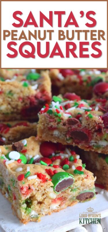 If you want extra presents under the tree this year, leave a couple of these Santa's Peanut Butter Squares with a tall glass of milk on the mantle this Christmas Eve! Loaded with sprinkles, M&Ms, white chocolate chips, peanut butter, and more, who wouldn't want to sink their teeth into this festive treat!? #holidaybars #m&ms #cookies #christmas #baking