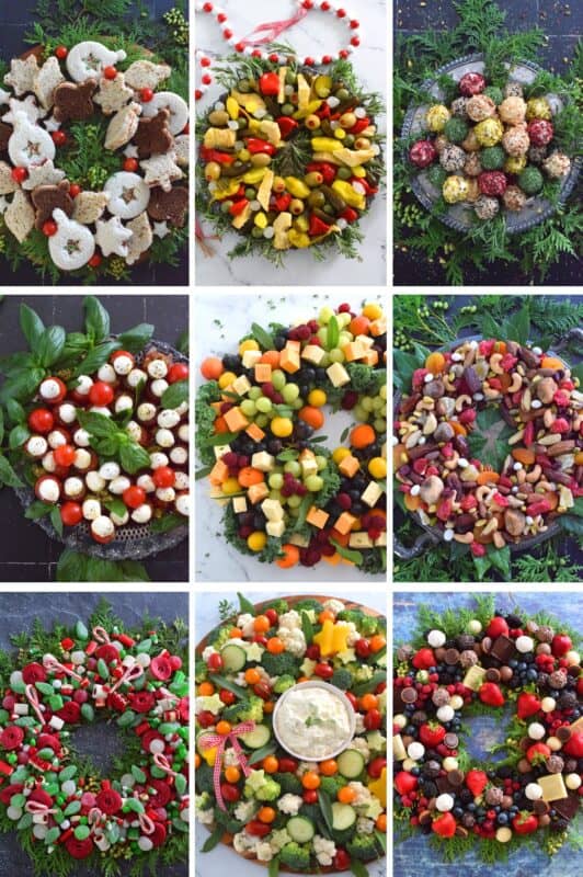 Charcuterie boards continue to be extremely popular, so I fashioned themed charcuteries into wreaths for the holidays. Here are 12 Edible Christmas Wreaths that will certainly tickle your taste buds and leave a smile on your face! Which themes will you recreate in your home this Christmas? #wreaths #charcuterie #christmas #holiday #appetizers