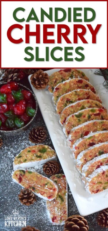 This no-bake holiday confection is prepared with both red and green candied cherries, sweetened condensed milk, toasted walnuts, and crushed vanilla wafers.  These are humble ingredients, but Candied Cherry Slices are impressively delicious and decadent! #cherries #nobake #christmas #candied #redandgreen