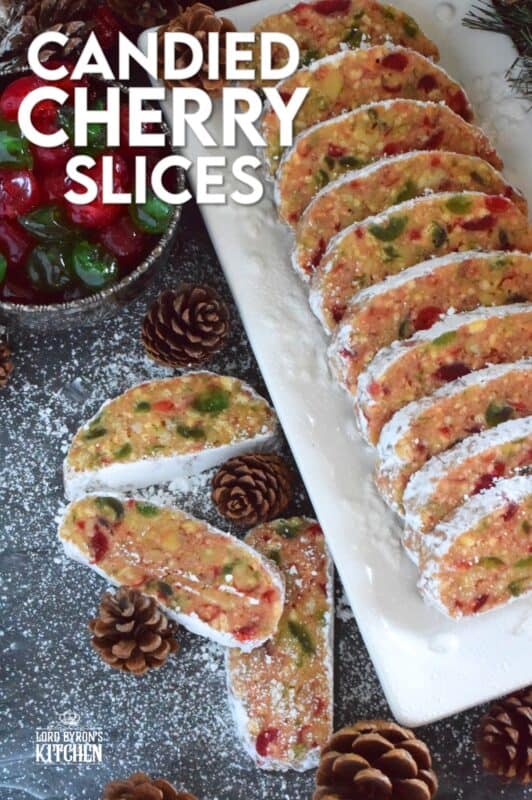 This no-bake holiday confection is prepared with both red and green candied cherries, sweetened condensed milk, toasted walnuts, and crushed vanilla wafers.  These are humble ingredients, but Candied Cherry Slices are impressively delicious and decadent! #cherries #nobake #christmas #candied #redandgreen