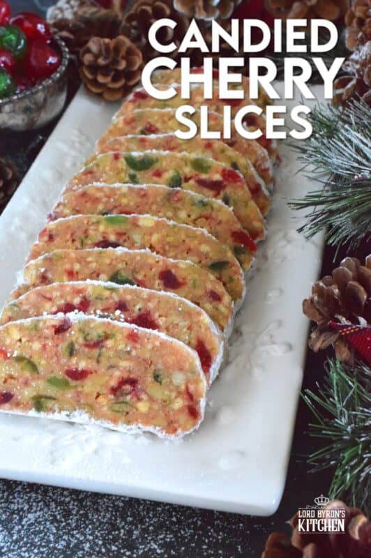 This no-bake holiday confection is prepared with both red and green candied cherries, sweetened condensed milk, toasted walnuts, and crushed vanilla wafers.  These are humble ingredients, but Candied Cherry Slices are impressively delicious and decadent! #cherries #nobake #christmas #candied #redandgreen