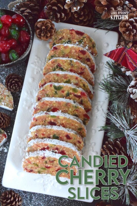 This no-bake holiday confection is prepared with both red and green candied cherries, sweetened condensed milk, toasted walnuts, and crushed vanilla wafers.  These are humble ingredients, but Candied Cherry Slices are impressively delicious and decadent! #cherries #nobake #christmas #candied #redandgreen