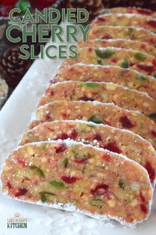 This no-bake holiday confection is prepared with both red and green candied cherries, sweetened condensed milk, toasted walnuts, and crushed vanilla wafers.  These are humble ingredients, but Candied Cherry Slices are impressively delicious and decadent! #cherries #nobake #christmas #candied #redandgreen